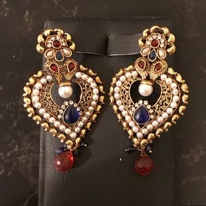 Genuine Indian earrings pearls blue red stones nwt